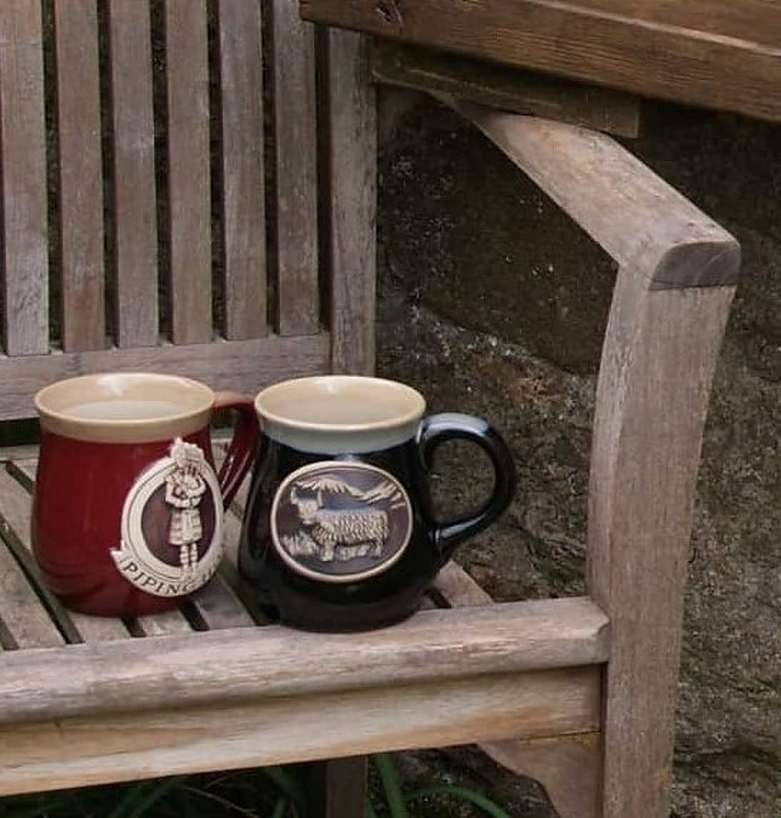 Stoneware Mugs Set of 2 Highland Cow and Piper Symbols of Scotland Design Red and Black