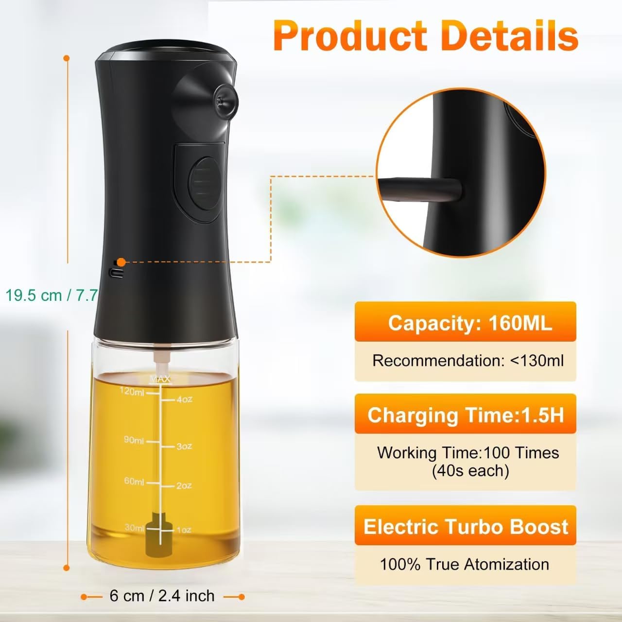 Electric Oil Sprayer for Cooking,160ml Glass Oil Spray Bottle, Black Refillable Kitchen Gadget, BPA Free, Healthy Cooking, Fine Mist for Salad, Popcorn, Roasted Chicken, Fries, BBQ & Air Fryer
