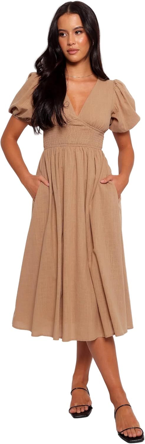 Petal & Pup Women's Ronnie Short Sleeve Midi Dress - Tan