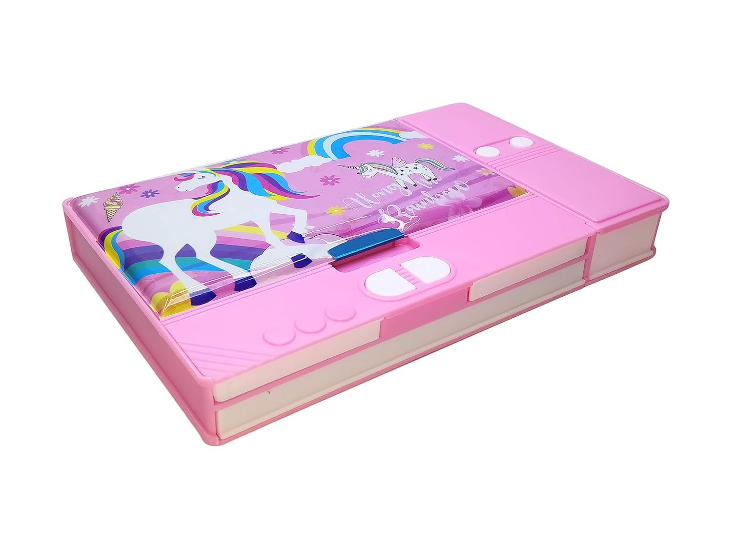 Double Sided Jumbo Magnet Pencil Box | Plastic Stationary Calculator Geometry Box for Girls, Boys & Kids | Birthday Return Gifts for Children (Unicorn Rainbow (Pink))(1pcs)-image-48
