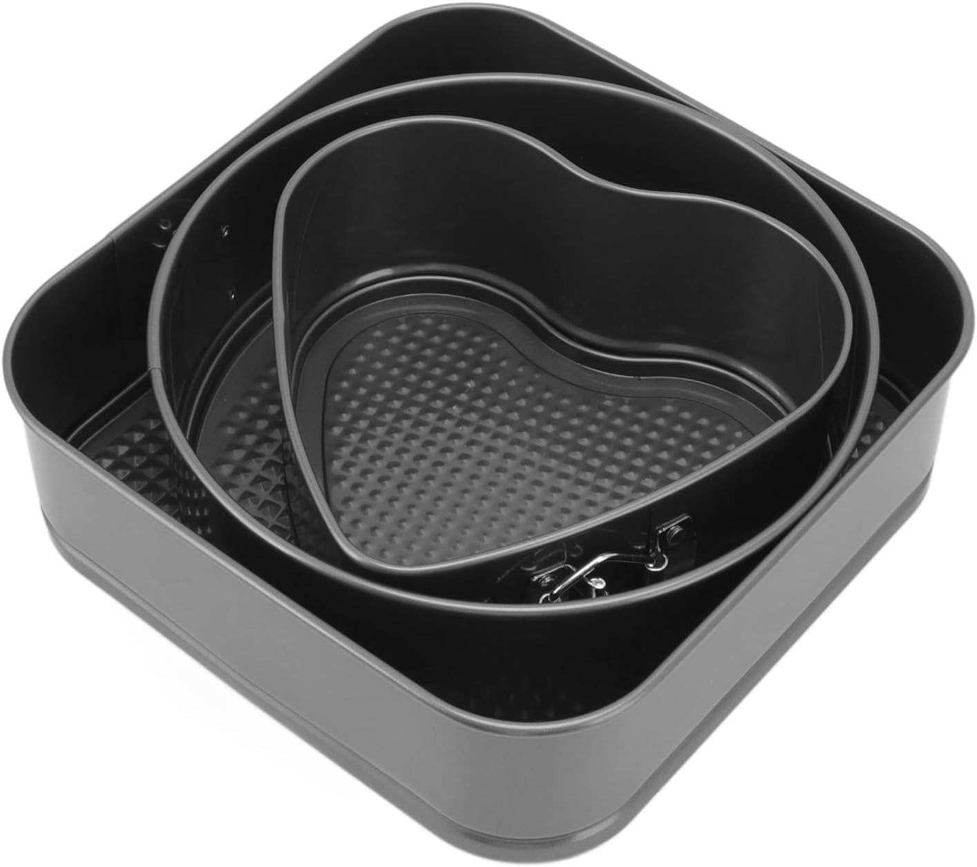 Baking Pans Set, Cheesecake Pan 3Pcs Cake Pan Set, Carbon Steel Baking Pan, Round Heart Square Shape Bakeware Set with Springform Buckle Springform Pan for Cheesecake, Yogurt