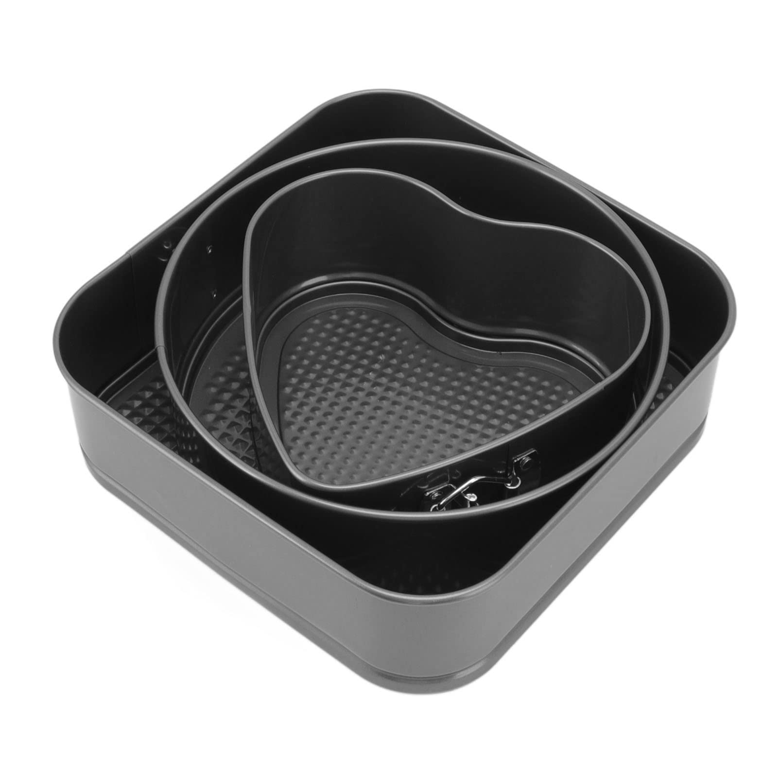 Springform Pan Set, Carbon Steel Round Heart Square Shape Black 3Pcs Stainless Steel Springform Buckle Double Coating Baking Pan for Bakery(22/24/26)
