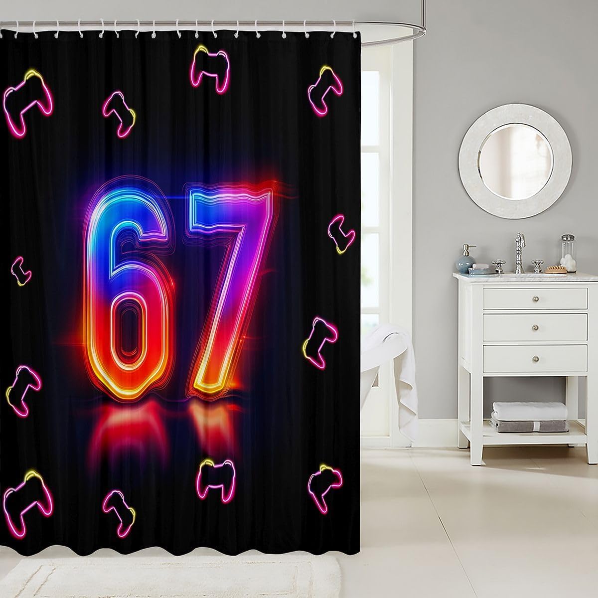 jejeloiu Six Seven 6 7 Shower Curtains Gaming Bathroom Curtain for Kids Women Men Gamer Room Decor Bathroom Accessories Video Gamepad Waterproof Polyester Fabric for Stalls Bathtubs 72"x72" image 2