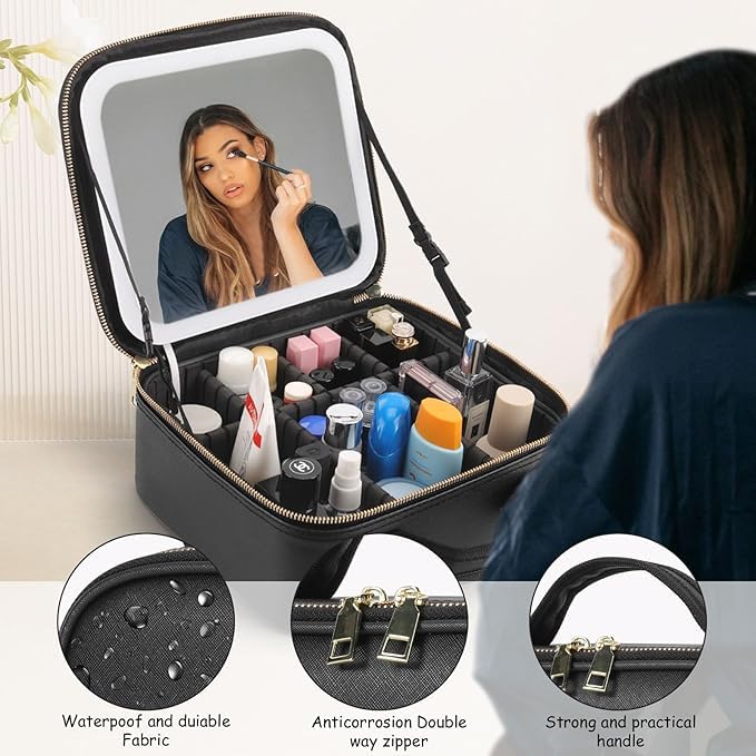 Feelon Makeup Bag with Led Mirror-Travel Makeup Bag with Led Mirror is with Waterproof Design Travel Makeup Bag, Best Gift with Lighted Mirror.Makeup Bag with Mirror 3 Color Scene (Black) 1