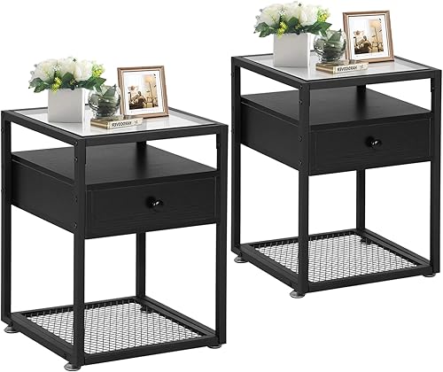 VECELO Mesitas de noche, mesita de noche, mesa auxiliar con mesa de vidrio con capacidad para hasta 66 libras, cajón que ahorra espacio y mesita de