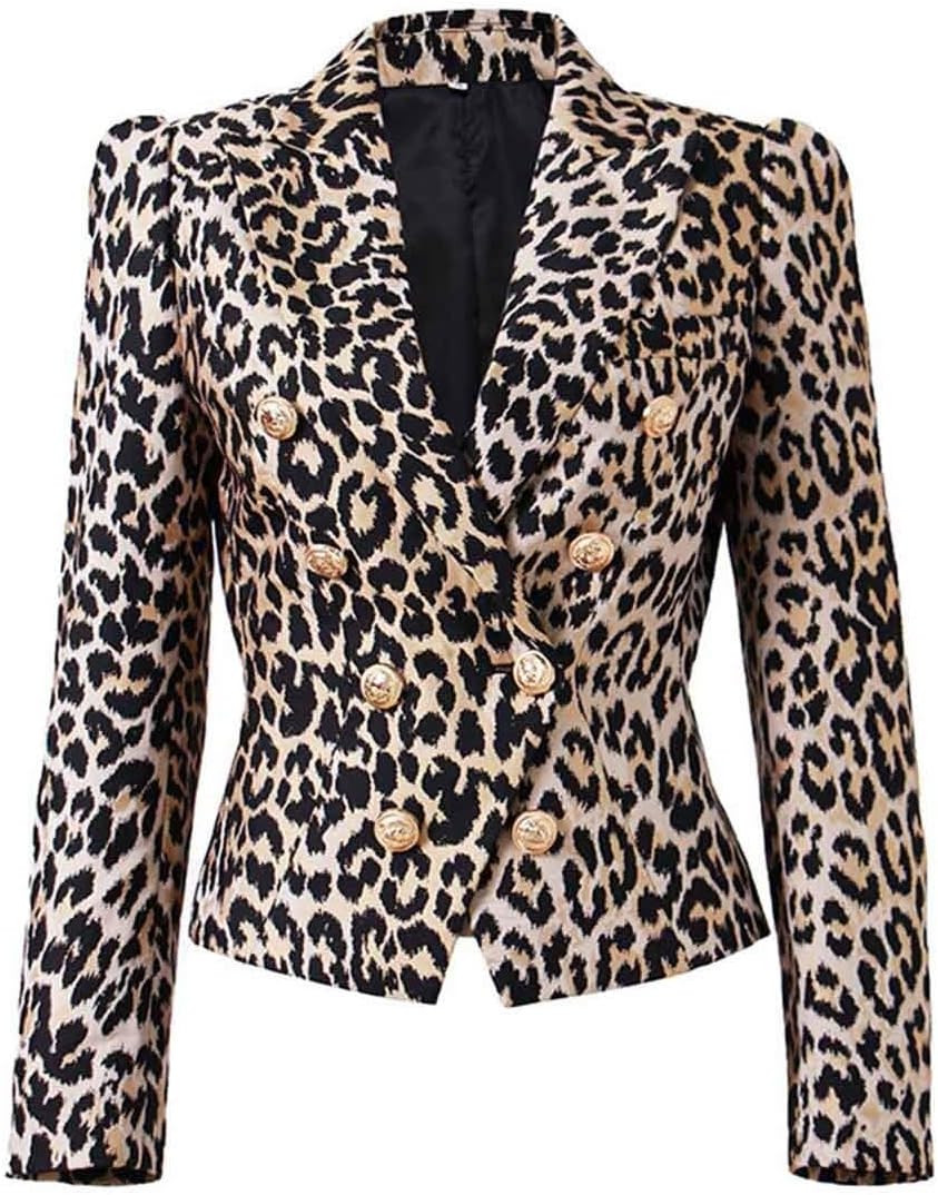 Women's Leopard Suit Blazer Peak Lapel Double Breasted Tuxedos Coat Work Activity