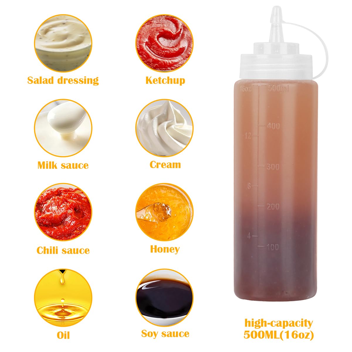 Squeeze - Bottiglia di salsa, 3 pezzi, 500 ml, in plastica, con cappucci, senza BPA, senza perdite, dosatore, per bottiglie di ketchup, dispenser per salsa, bottiglia per spezie