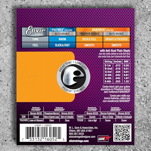 Image of Acoustic Guitar Strings, Phosphor Bronze with NANOWEB Coating, Longest-Lasting Rich and Full Tone with Comfortable Feel, 6 String Set, Light 12-53