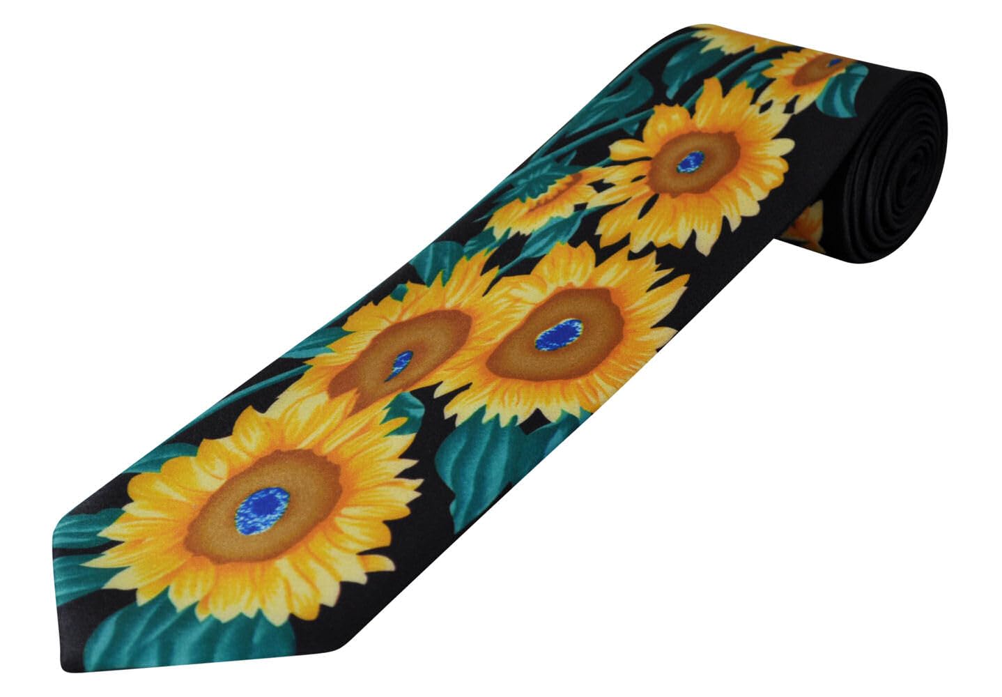The Tie Studio Men's Multicolor Sunflower Tie – Floral Novelty Necktie For – Bright Yellow Sunflower Design On Black