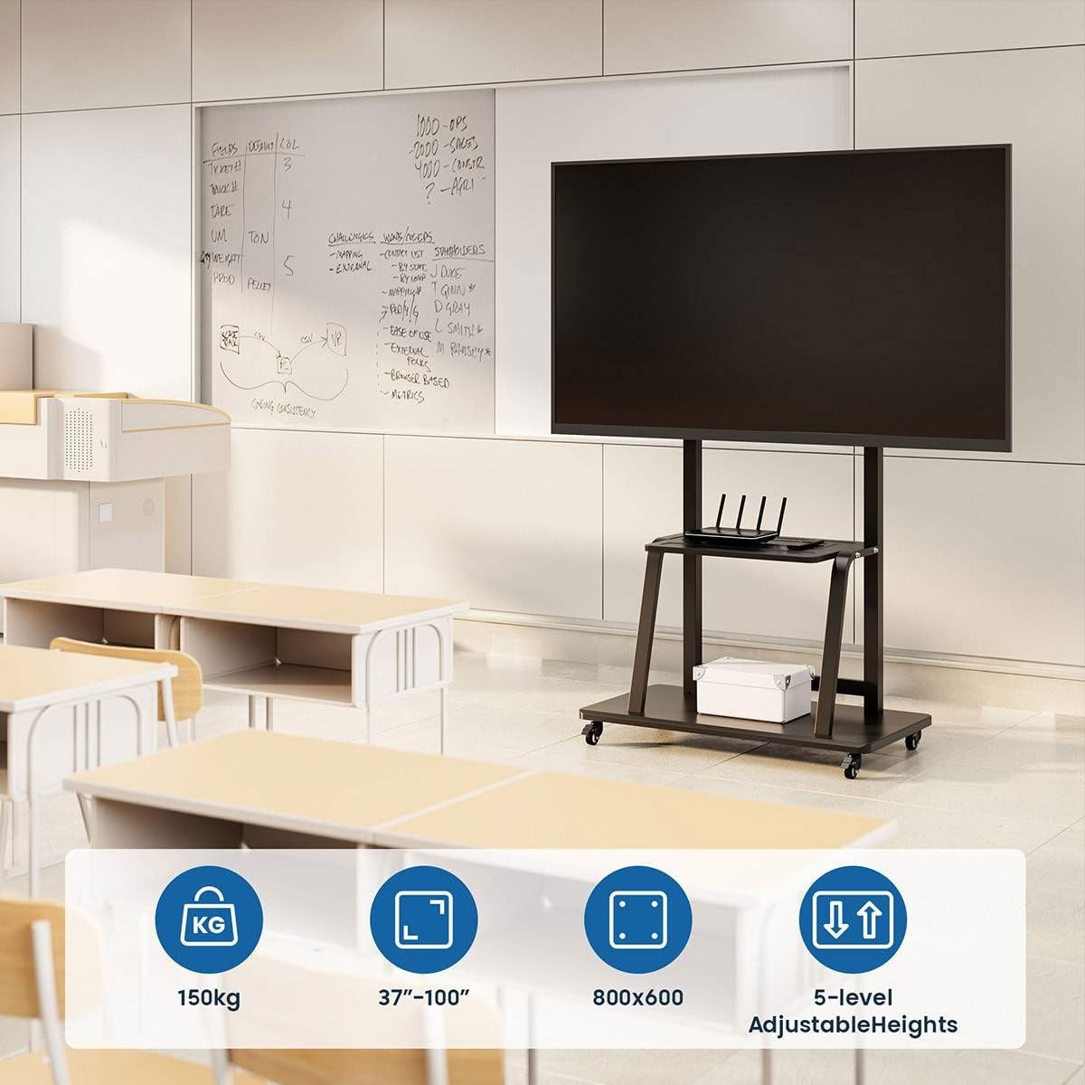 Ewent Premium TV-Ständer aus Stahl, Mobiler Ständer mit Rollen für Plasma-/LED-/LCD-Bildschirme von 55-120 Zoll, Bodenständer für Fernseher bis 150 kg, Höhen- und Breitenverstellbar, mit 2 Ablagen