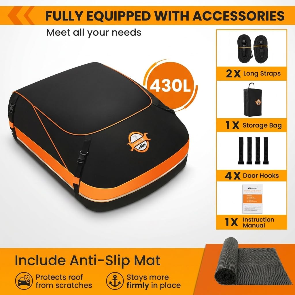 Sailnovo Borsa da tetto per auto, 430 l, impermeabile, resistente box da tetto per auto con barre o senza portapacchi, con cinghie rinforzate, ganci per porta e borsa per riporre oggetti