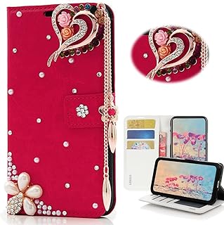 STENES Bling Wallet Phone Case Compatible with Samsung Galaxy S22 Case - Stylish - 3D Handmade Rose Heart Pendant Flowers Leather Cover with Neck Strap Lanyard [3 Pack] - Red