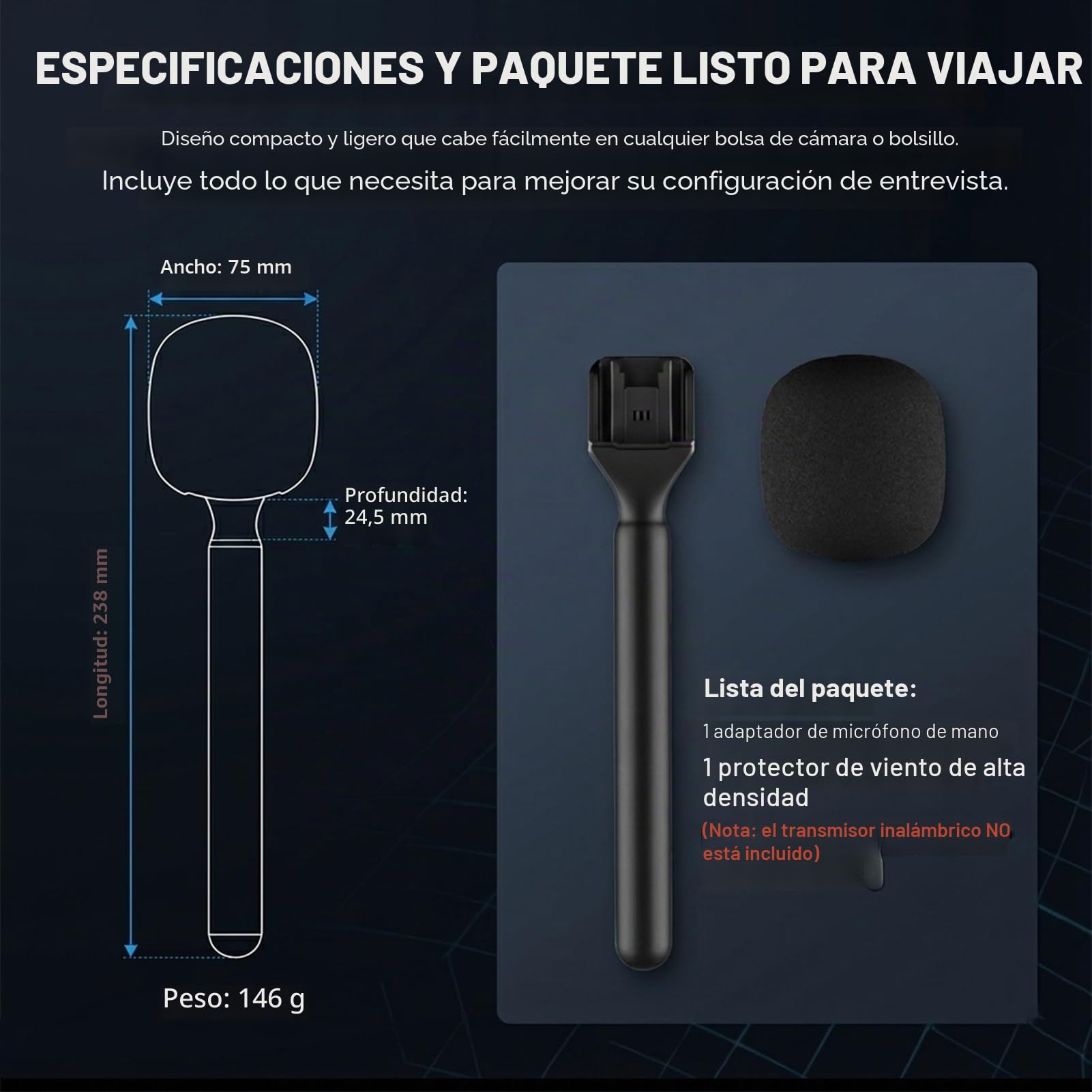 Soporte para DJI Mic 3/2/Mini 2/Mini/Rode Wireless GO II/Insta360 X5 Air Handle Rig Wireless Entrevista Lavalier Adaptador Mango de micrófono de mano para Osmo Pocket 3/4/Hollyland Lark M1/C1/Synco G1