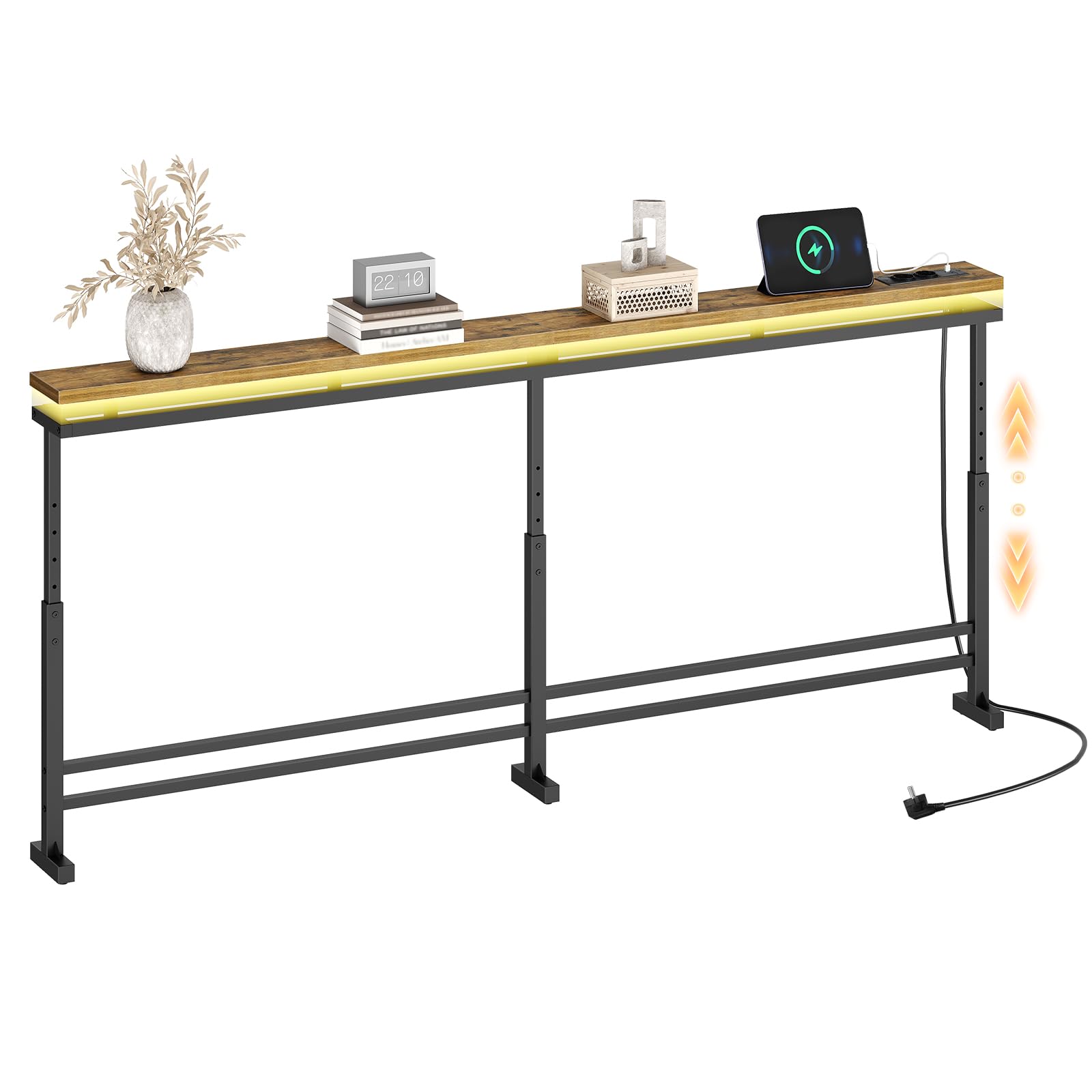 YATINEY Consolle Ingresso con Altezza Regolabile, Tavolo Console con LED | 200 cm Consolle sottile con Stazione di Ricarica, Tavolo da Ingresso Dietro Divano per Corridoio, Soggiorno, XCT27CDBR