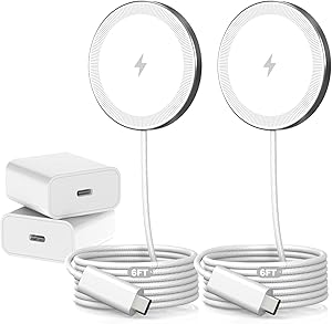 6FT Magnetic Wireless Charger Charging Pad - 15W Qi Fast Phone Charger Puck for Apple iPhone 17 16 15 14 13 12 Series & AirPods 4 3 2 Pro, Phone Charging Pad with Plug for Desk & Travel, 2Pack White