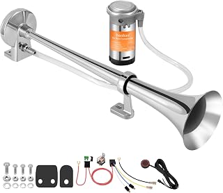 12V 150db Air Horn, BANHAO Chrome Zinc Single Trumpet Truck Air Horn with Compressor for Any 12V Vehicles Trucks Lorrys Trains Boats Cars(Chrome horn with button)