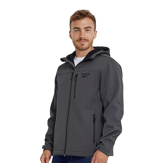 Reebok Jaqueta masculina à prova d'água macia – casaco de chuva leve com capuz e microfleece