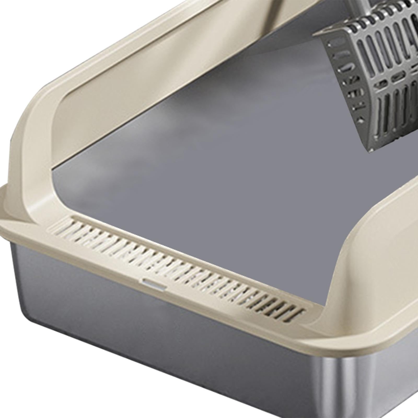 Katzentoilette Edelstahl Katzenklo mit Schutzrand Metall Katzenstreu Pfanne Sandkasten Schale mit Griff für Kätzchen Erwachsene Katzen für Innenräume, Khaki und M