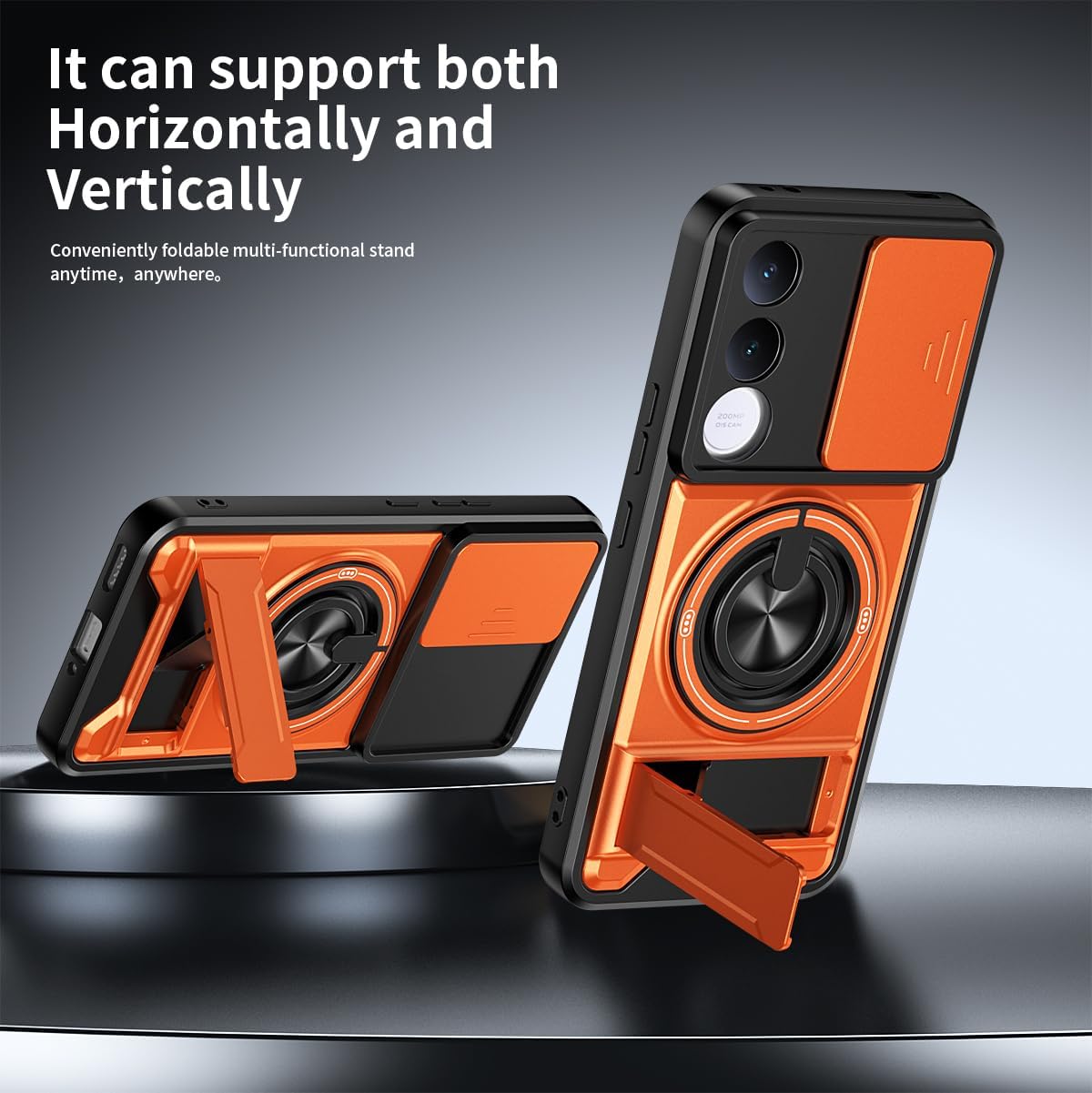 Compatible with vivo V70 FE Case [with 1*Screen Protector][2-in-1 Slide Camera Cover, Magnetic Kickstand Design][Shockproof Phone Case] Orange