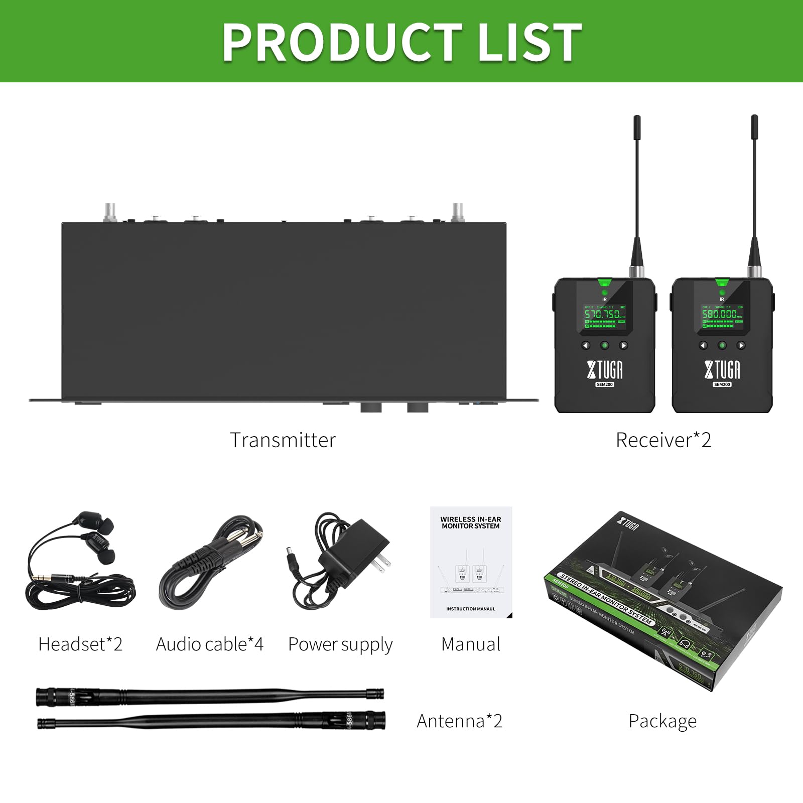XTUGA SEM200 2 Kanal Stereo Wireless In Ear Monitor System 2 Wiederaufladbare Bodypacks UHF Bühnenüberwachung mit Bluetooth Wireless In Earphone für Studio (2 Empfänger + 1 Sender)