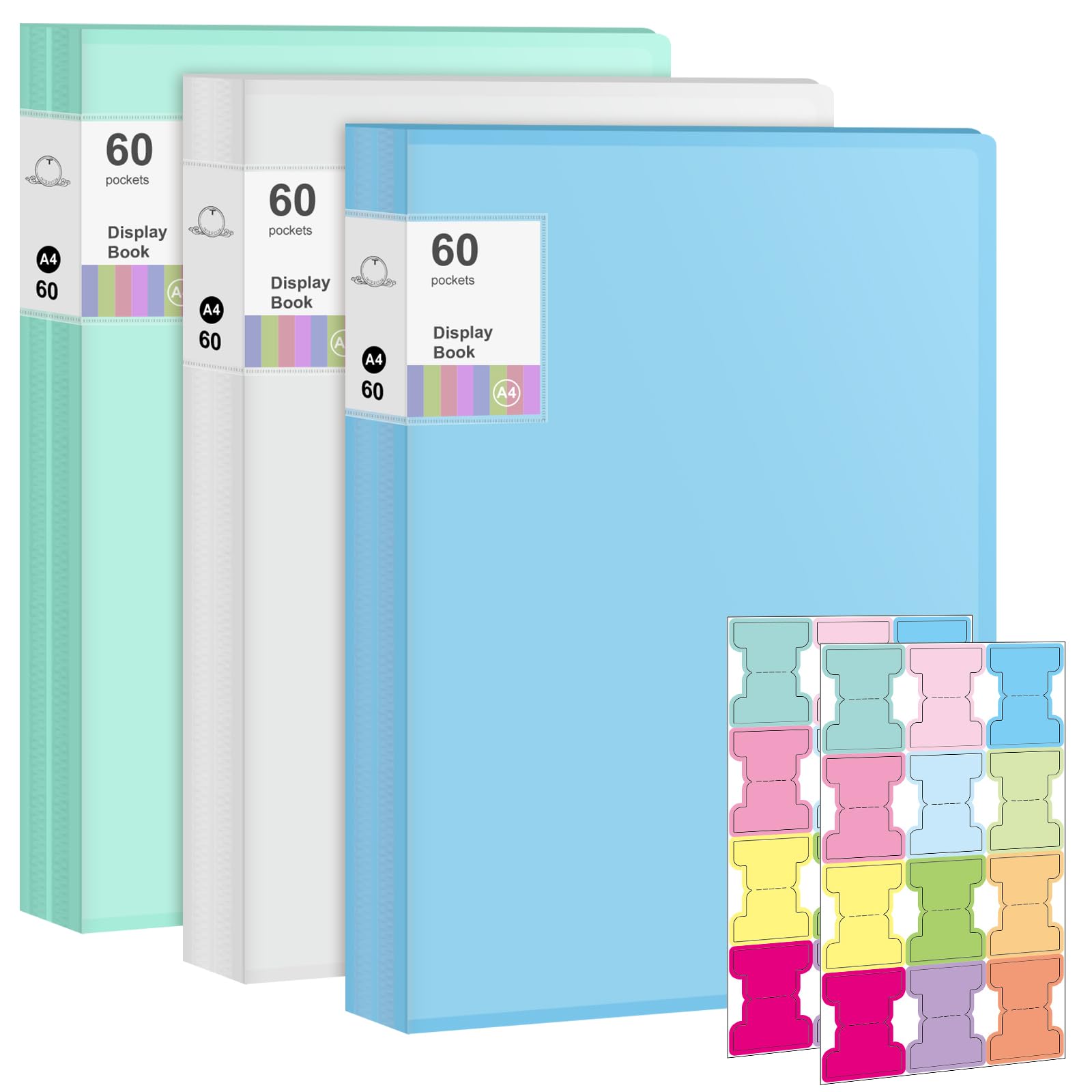 3 PCS A4 Display Book, 60 Pockets Presentation Portfolio Binder, Display Folder with Plastic Sleeves Certificate Folder for Artwork Recipe Sheet Music Document for Schools Home Offices Individuals