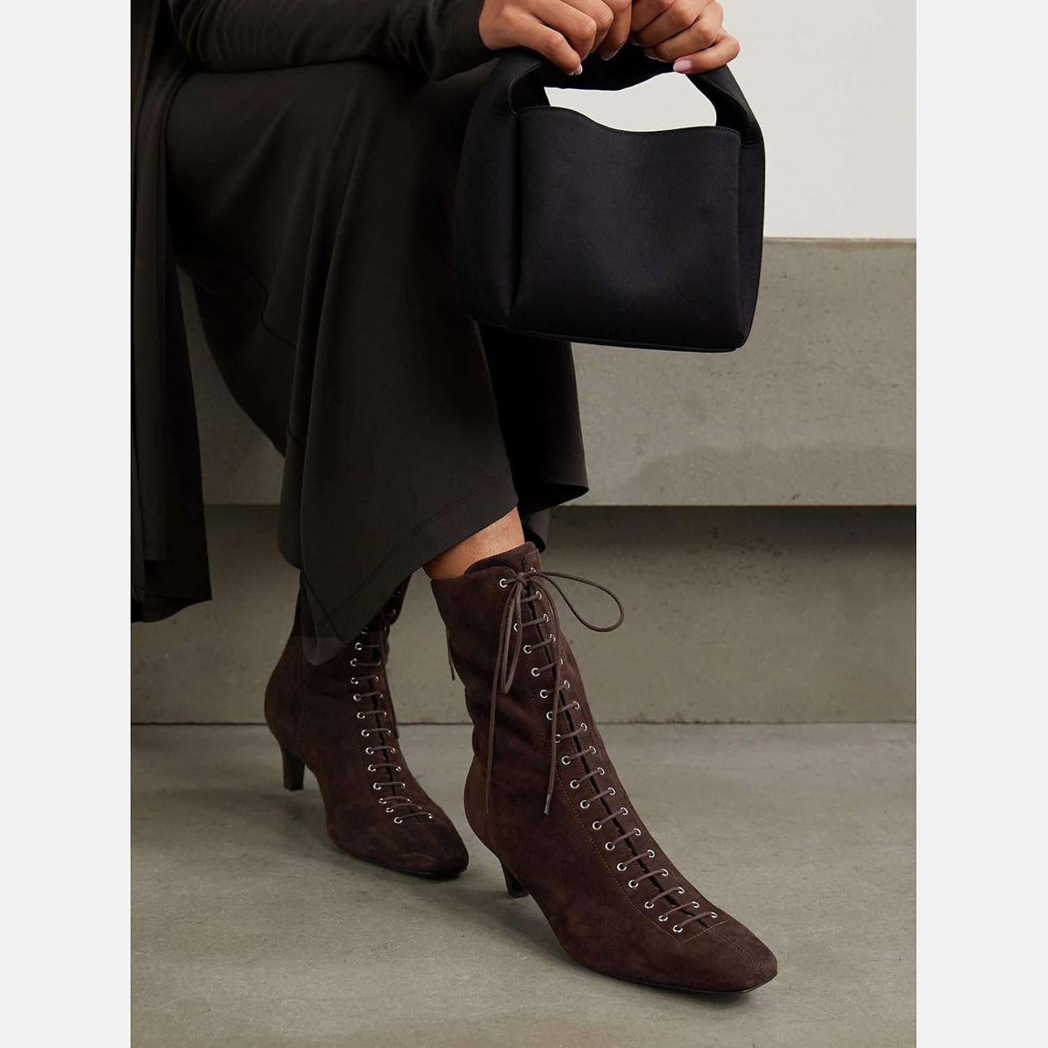 SEIFIN Kitten Heel Boots For Women Suede Lace Up Ankle Boots Square Toe Low Heel Short Booties Comfortable Soft Side Zipper Dressy Fall Winter Booties Shoes,Dark Brown Suede,Pepper,US7.5 - Image 2