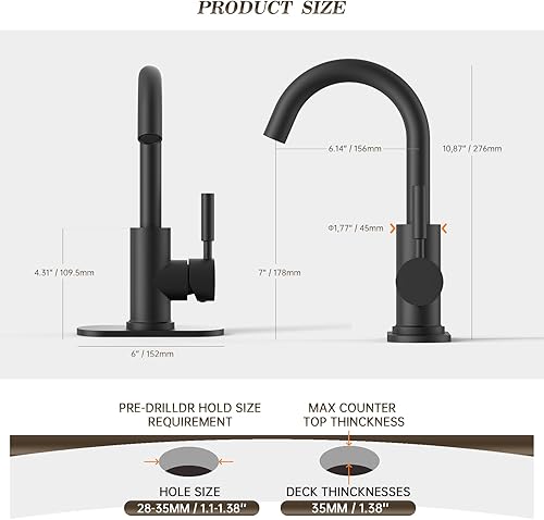 Miniatura 5 de Phiestina WE08E-MB - Grifo de acero inoxidable de arco alto de un solo orificio negro mate para fregadero de precocinafregadero de barfregadero de