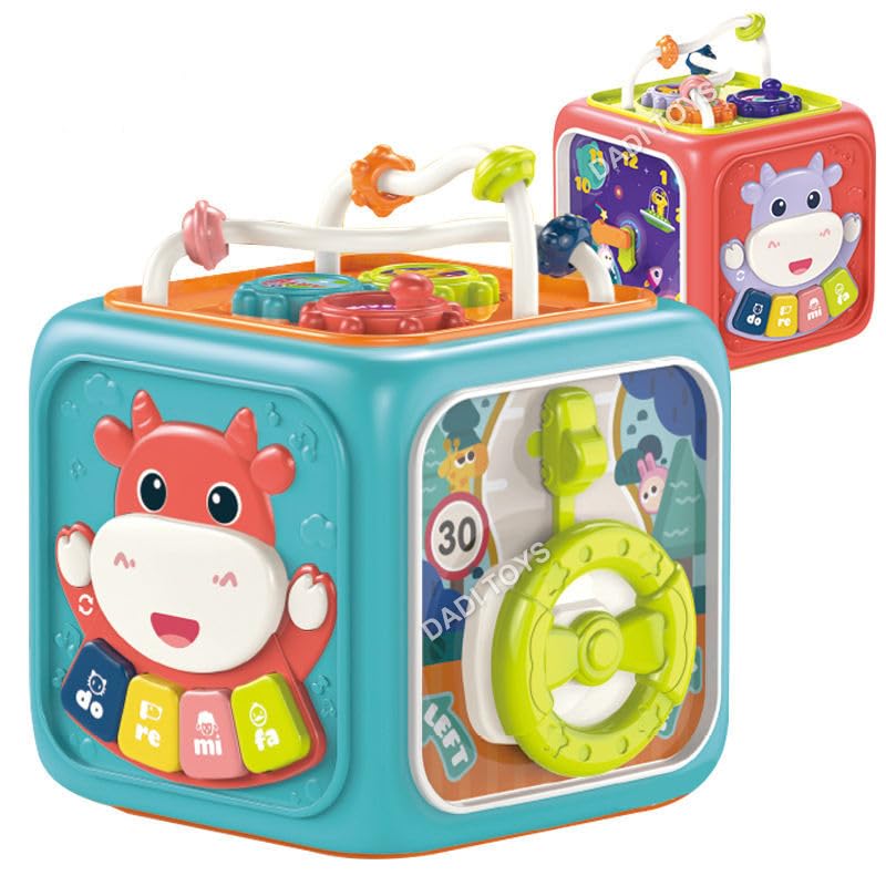 Image of Cable World 6 in 1 Montessori Activity Cube for Kids | Musical Sensory Learning Toy with Shape Sorter, Bead Maze, Piano Keyboard, Clock & Steering Wheel | Educational Toy for Babies & Toddlers