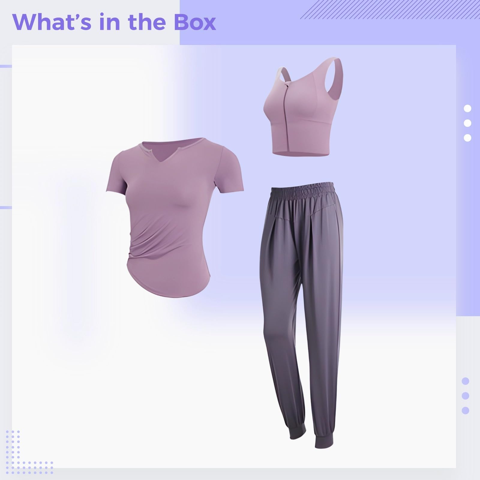 Conjunto de entrenamiento de 3 piezas para mujer, tela transpirable y suave, camiseta de manga corta, camiseta sin mangas, pantalones largos, Morado (, Talla única