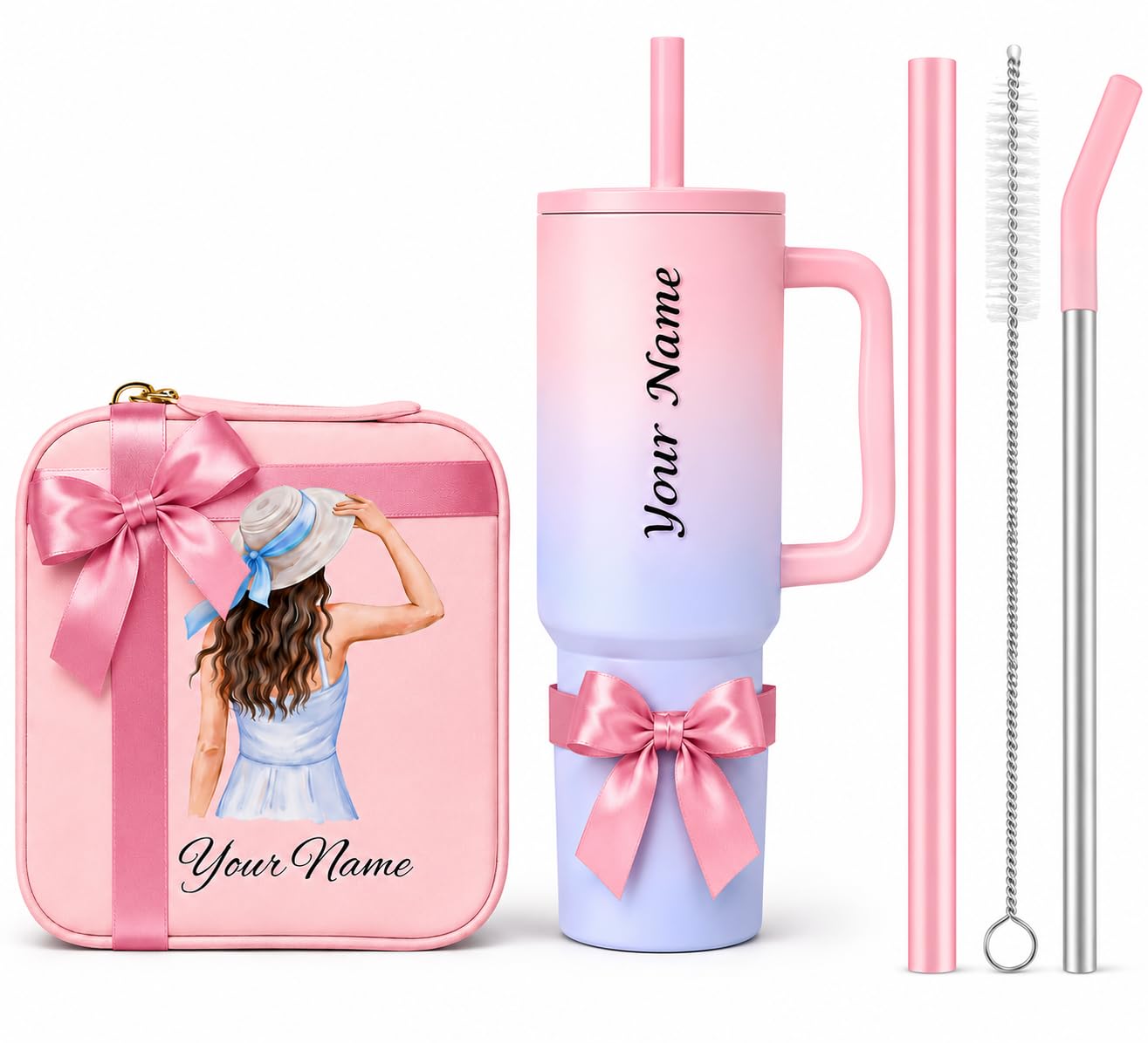Zephorus Personalized PU Travel Pouch & 40oz Insulated Tumbler Gift Combo Custom Name Printed Gift Set Makeup Organizer Pouch with Stainless Steel Vacuum Travel Mug Birthday, Anniversary-image-28