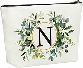 Spring Summer Watercolor Eucalyptus Cosmetic Bag, Personalized Makeup Bag Travel Toiletry Bag Initial Canvas Monogrammed Gift for Women (Letter N)