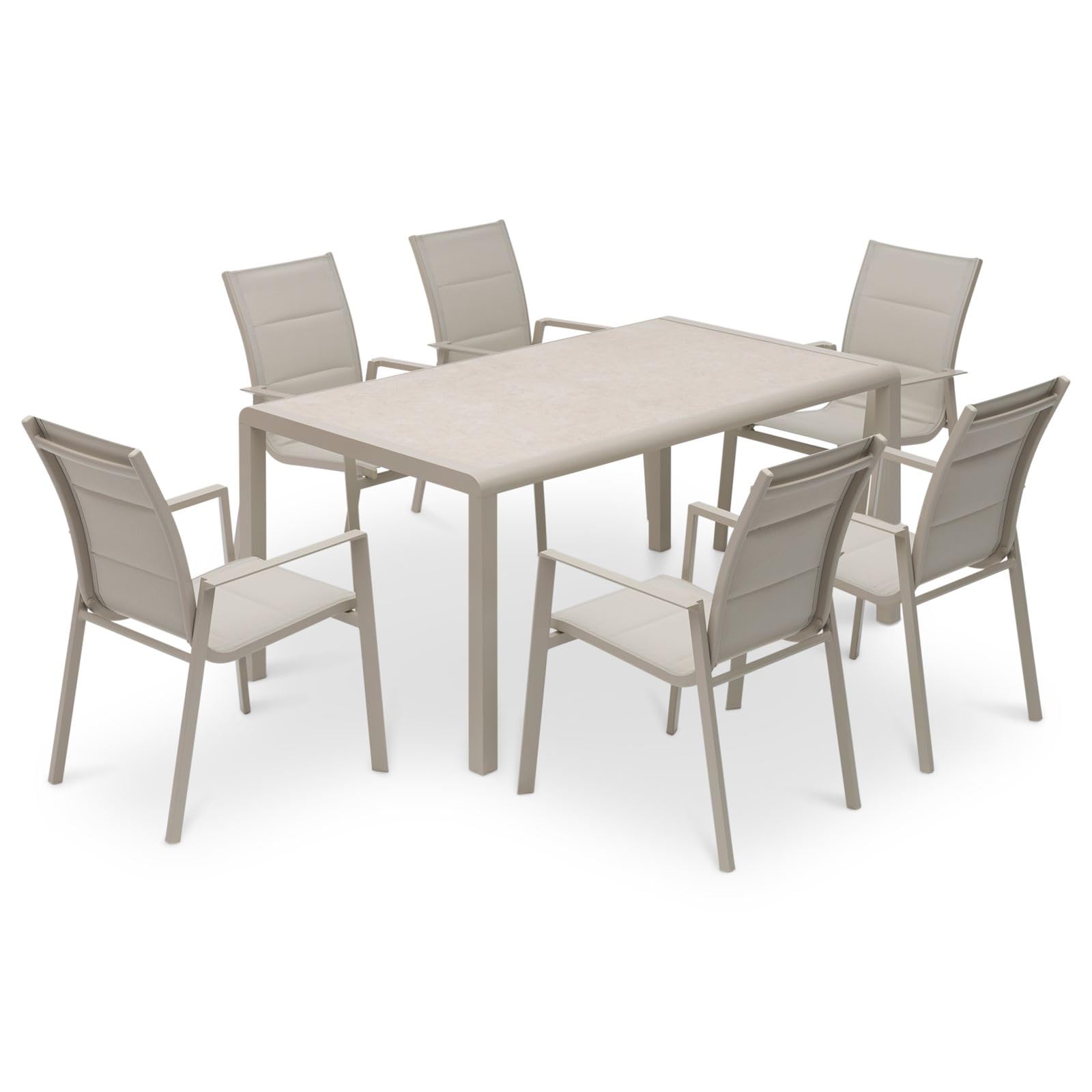 IDIMEX Gartenmöbel Set Trapani mit 6 Stühlen, Champagner - Outdoor Essgruppe mit Aluminiumgestell, Gartentisch 160x90 cm wetterfest und pflegeleicht, Sitzgruppe mit gepolsterten Textilene-Sitzflächen