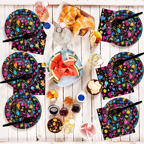 Image of gisgfim 24 Pcs Neon Party Plates 7 inch Glow Birthday Party Disposable Paper Dessert Plates Supplies Decorations Glow in Dark Theme Plates Tableware for Birthday Wedding Baby Shower