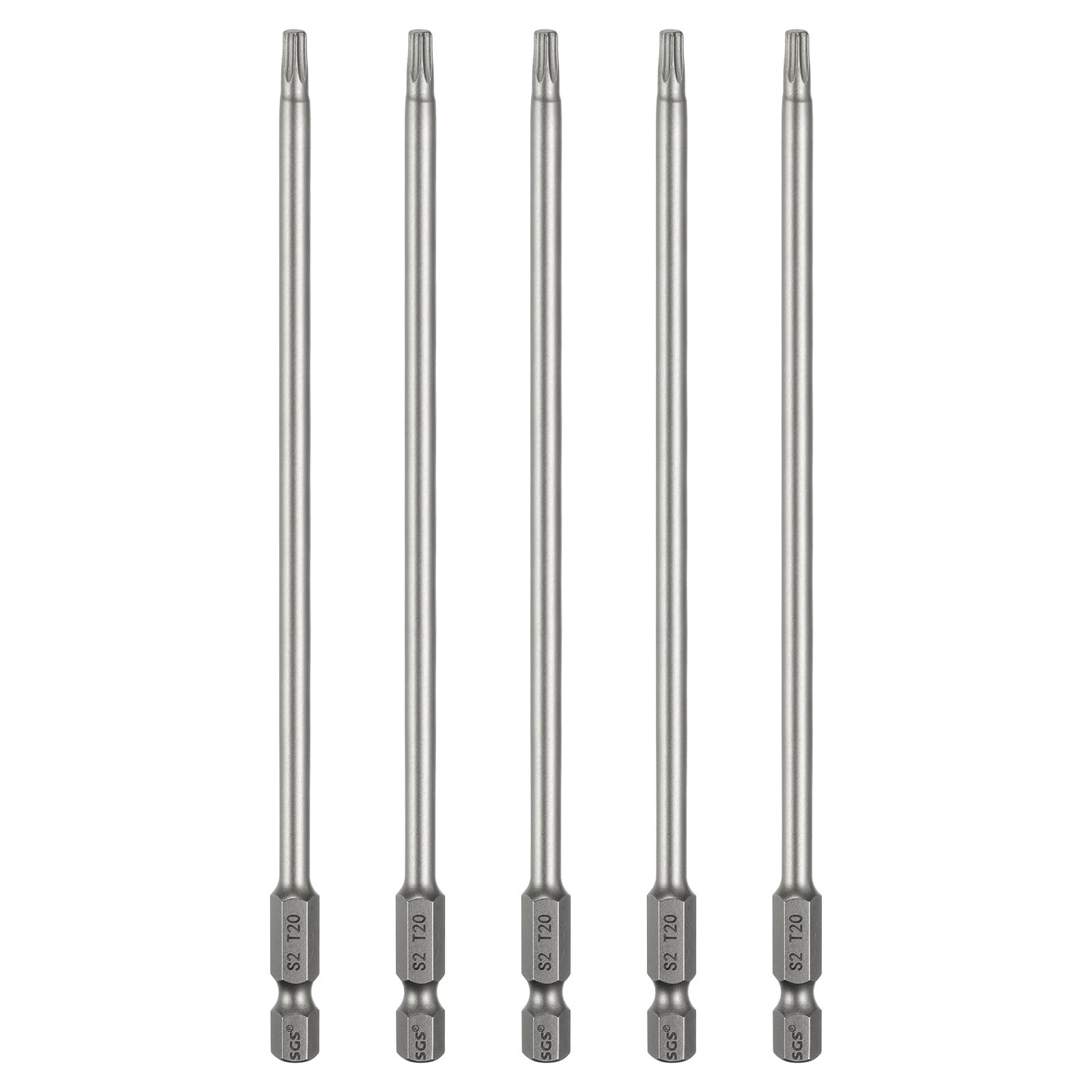 HARFINGTON 5pcs T20 Torx Head Screwdriver Bit 1/4" Hex Shank 6" (150mm) Long Magnetic No Hole Tip Tamper Proof 6 Point Star Screw Driver Drill Bits S2