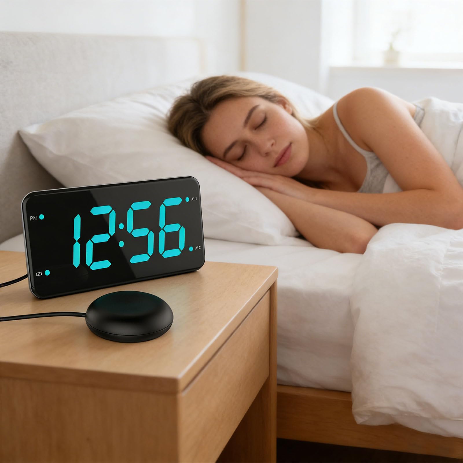 Vibrierende Wecker mit Bettschüttler, 4 Dimmern, 2 Alarmen und Schlummerfunktion für Schlafzimmer, Hörgeschädigte, Gehörlose, Laute Uhren, vibrierende Uhr für schwere Schläfer