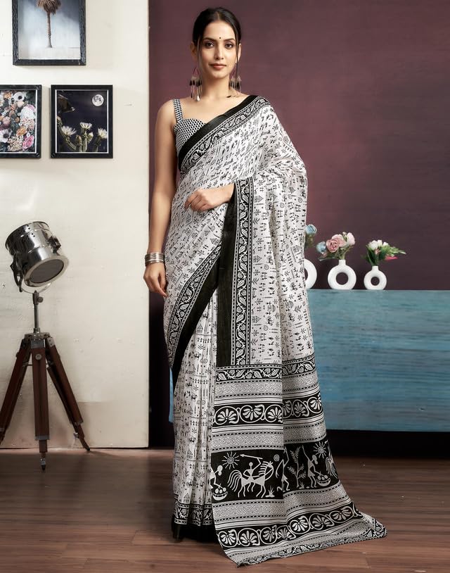 Image of SIRIL Women's Bagalpuri Silk Saree | Varli Printed Saree With Unstitched Blouse Piece