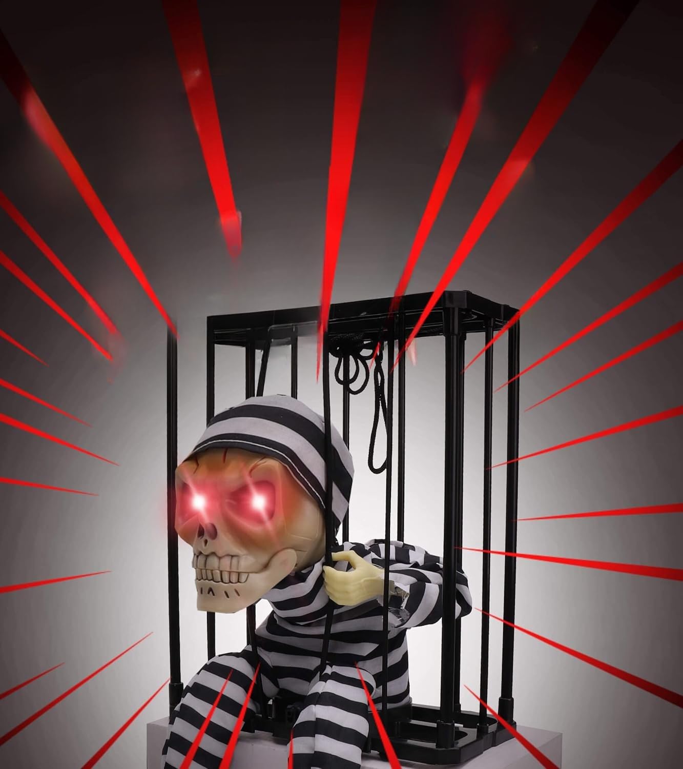 HVFGXY Decor Prop with Motion Sensor and Spooky Sound for Halloween,Scary Skull Cage Prisoner Haunted House Decor,Spooky Hanging Ghost Light Up Eyes Decorations