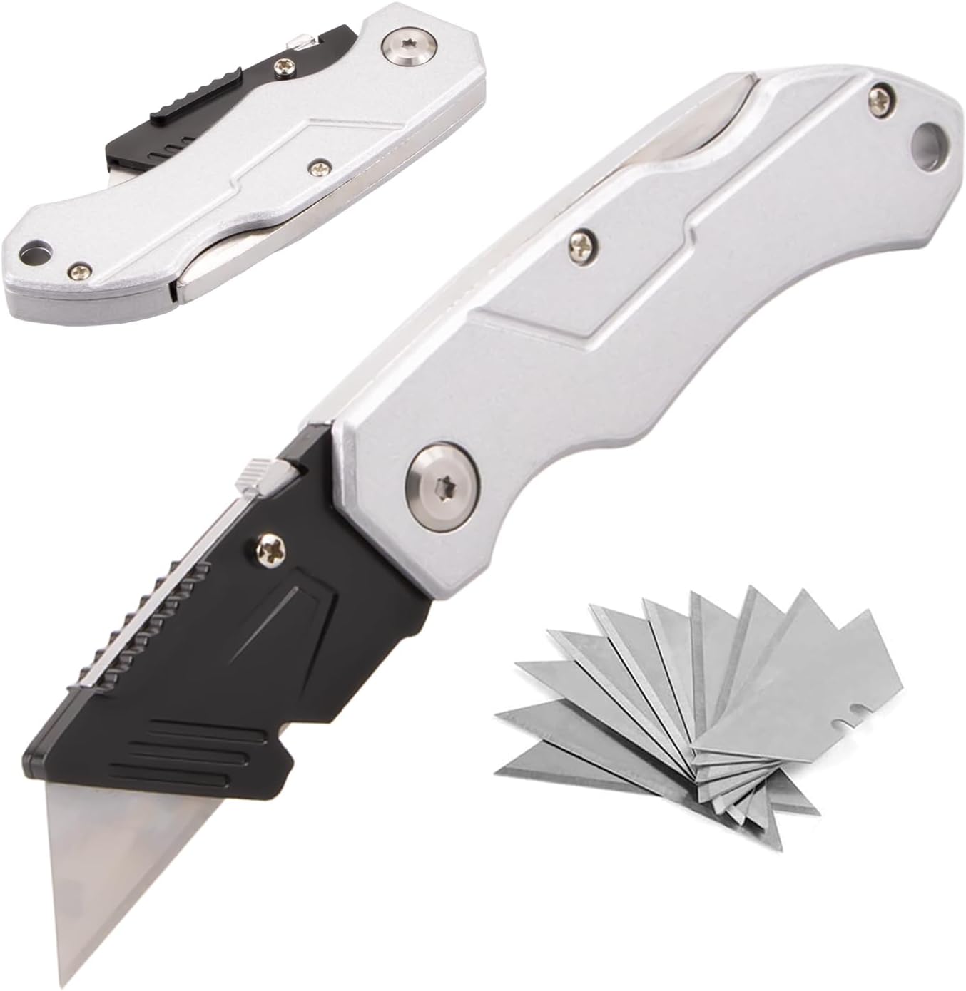 Heavy Duty Folding Utility Knife with 10 Extra Blades, Box Cutter with Belt Clip for Cardboard, Carton, Carpet Cutting, Aluminum Alloy Anti-slip Handle, Quick Replace Blade