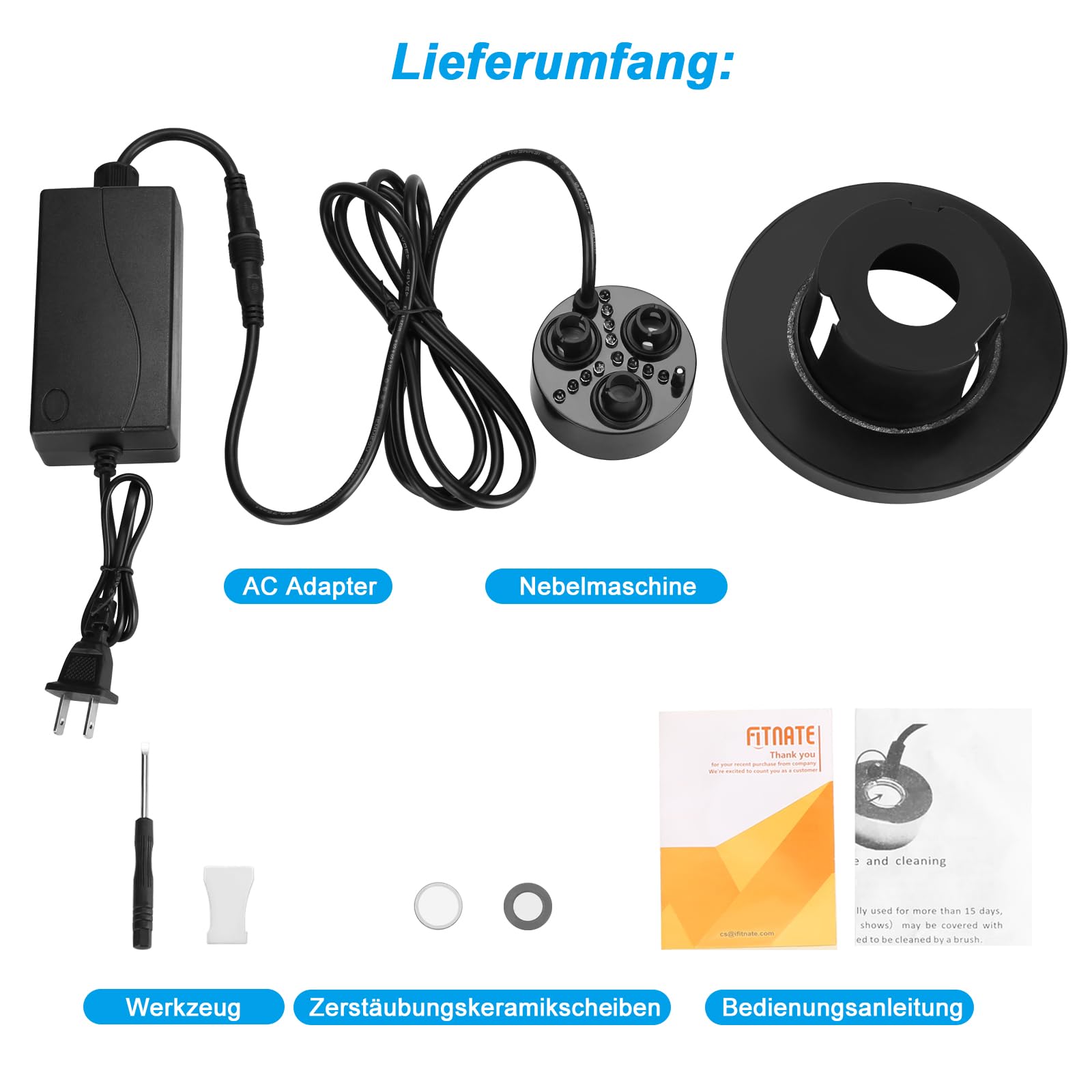 FITNATE Nebulizzatore a ultrasuoni a 3 teste per nebbia, nebulizzatore a ultrasuoni in plastica, con dischi di ricambio per fontana d'acqua, stagno, acquario, giardino roccioso, lavandino, 1500 ml/H