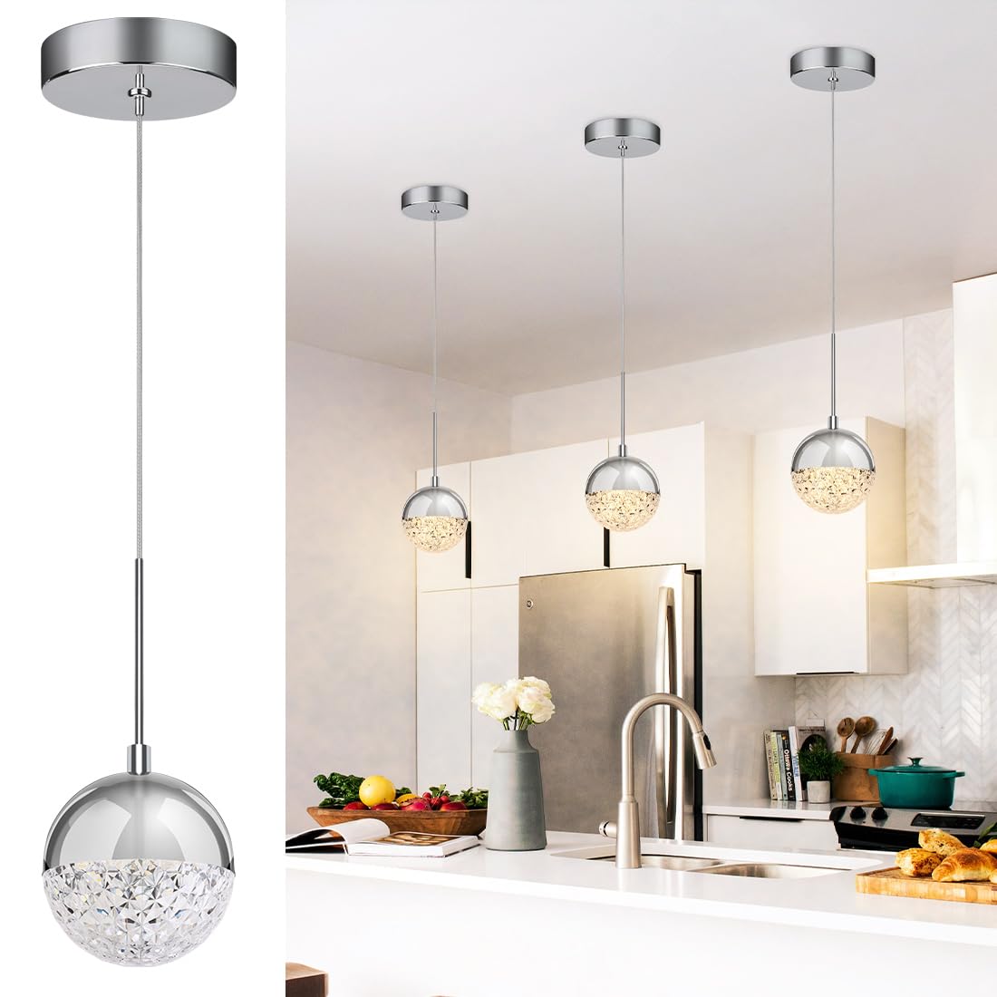 Crystal Pendant Light, Chrome Chandelier for Kitchen Island, Adjustable Modern LED Globe Pendant Light for Dining Room, 8W 3000/4000/5000K CCT Selectable, Dimmable, ETL 1-Pack