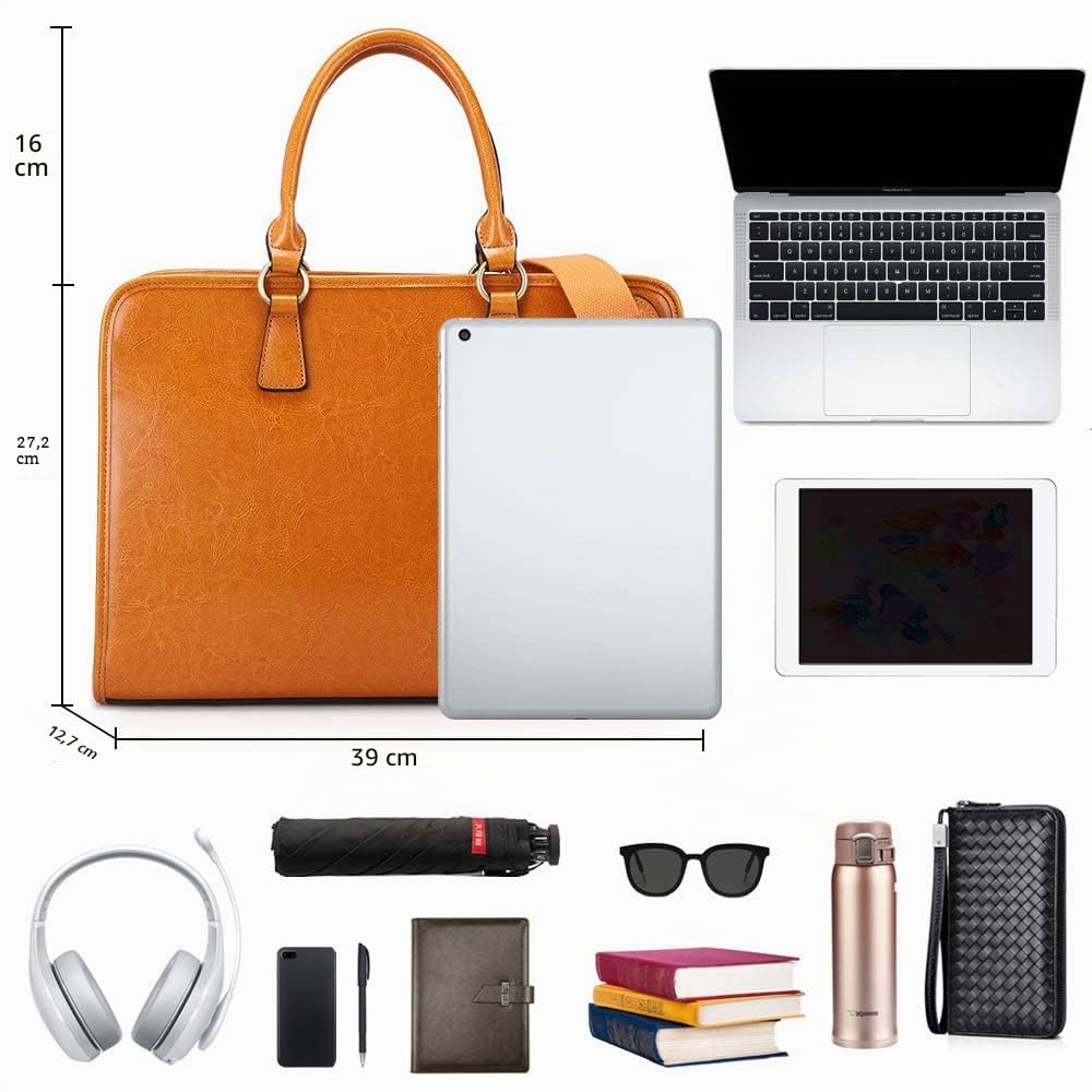 Kattee Aktentasche aus echtem Leder für Damen, große Kapazität, Laptoptasche mit Gepäckanhänger