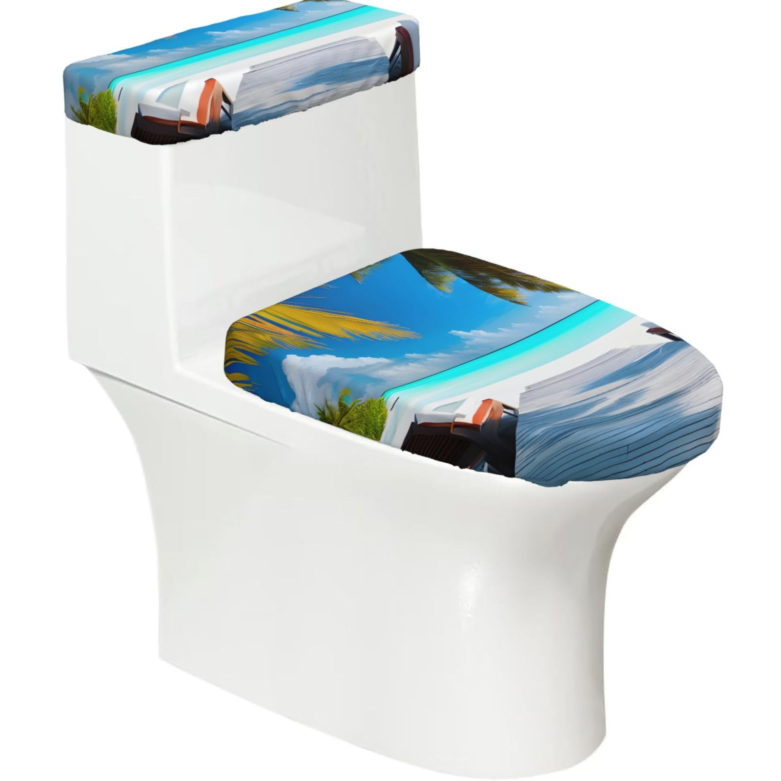 Cntdbu Black Maldives Holidays Elastic Toilet Cover Set Of 2-Stretchy Lid And Tank Covers For Bathroom, Soft Washable U Shape Toilet Decor