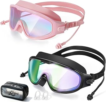 Adult Swimming Goggles,Leak-Proof,Anti-Fog Pool Glasses,Wide View Swim Goggles with Ear Plugs and Nose Clip