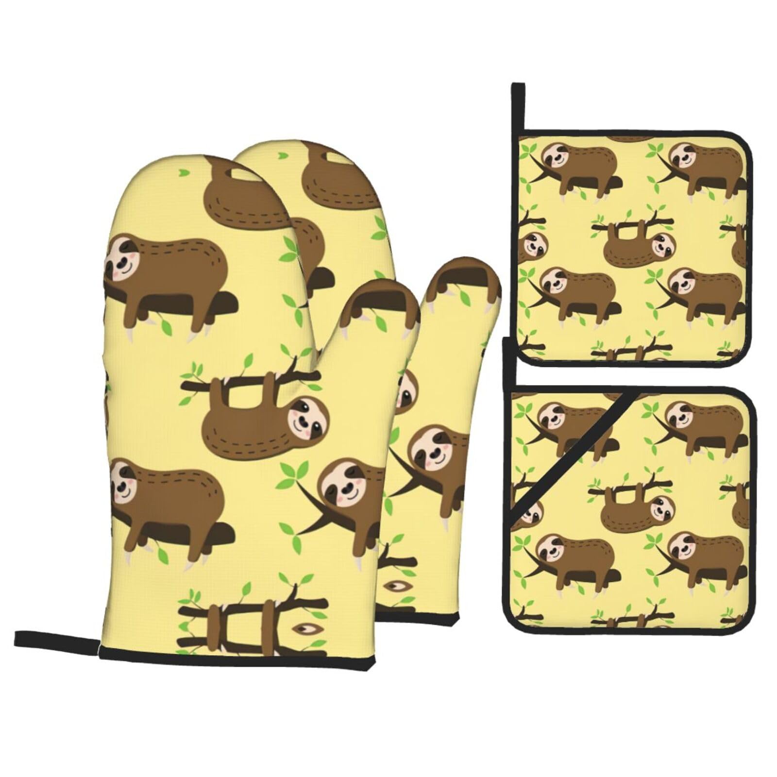 Cute sloths on yellow lemons Print Stylish 4-Piece Microwaving Oven Waterproof Kitchen Gloves Baking Holiday Cooking