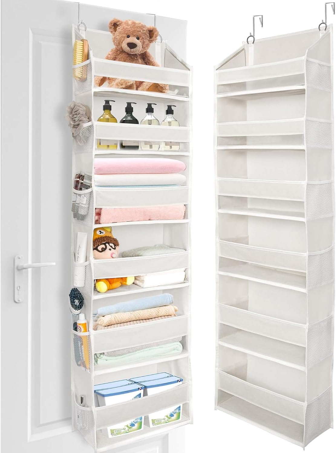 XATUS Over The Door Organizer, 6-Shelf Closet Hanging Storage with 13 Mesh Pockets, 55lbs Capacity Behind The Door Storage for Baby Nursery, Bathroom, Bedroom, and Dorm, Beige