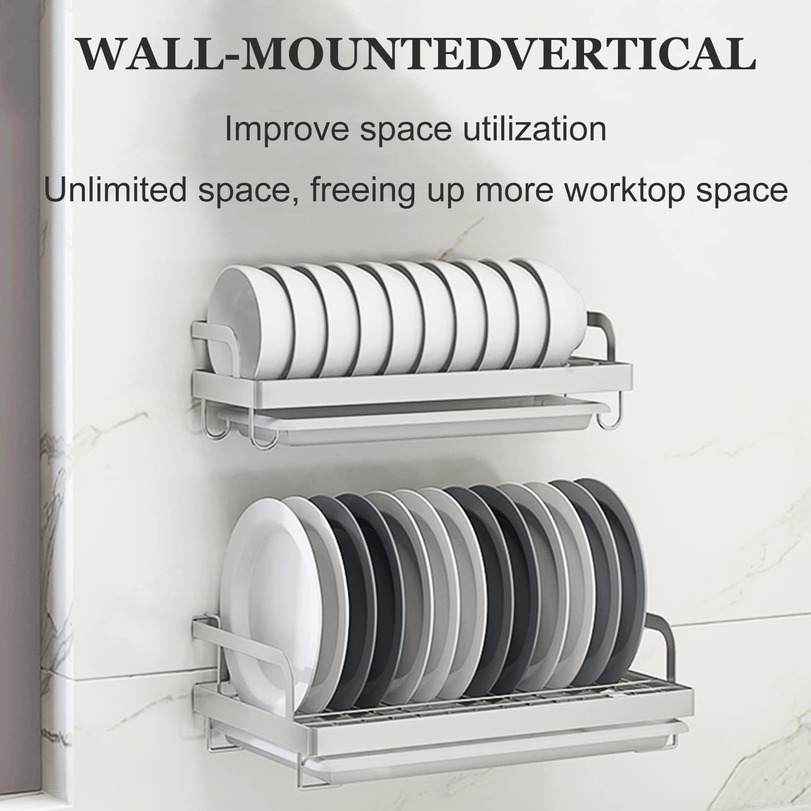 Escurridor de platos de acero inoxidable con soporte para cubiertos de pared y bandeja de drenaje para un almacenamiento y organización eficientes de la cocina
