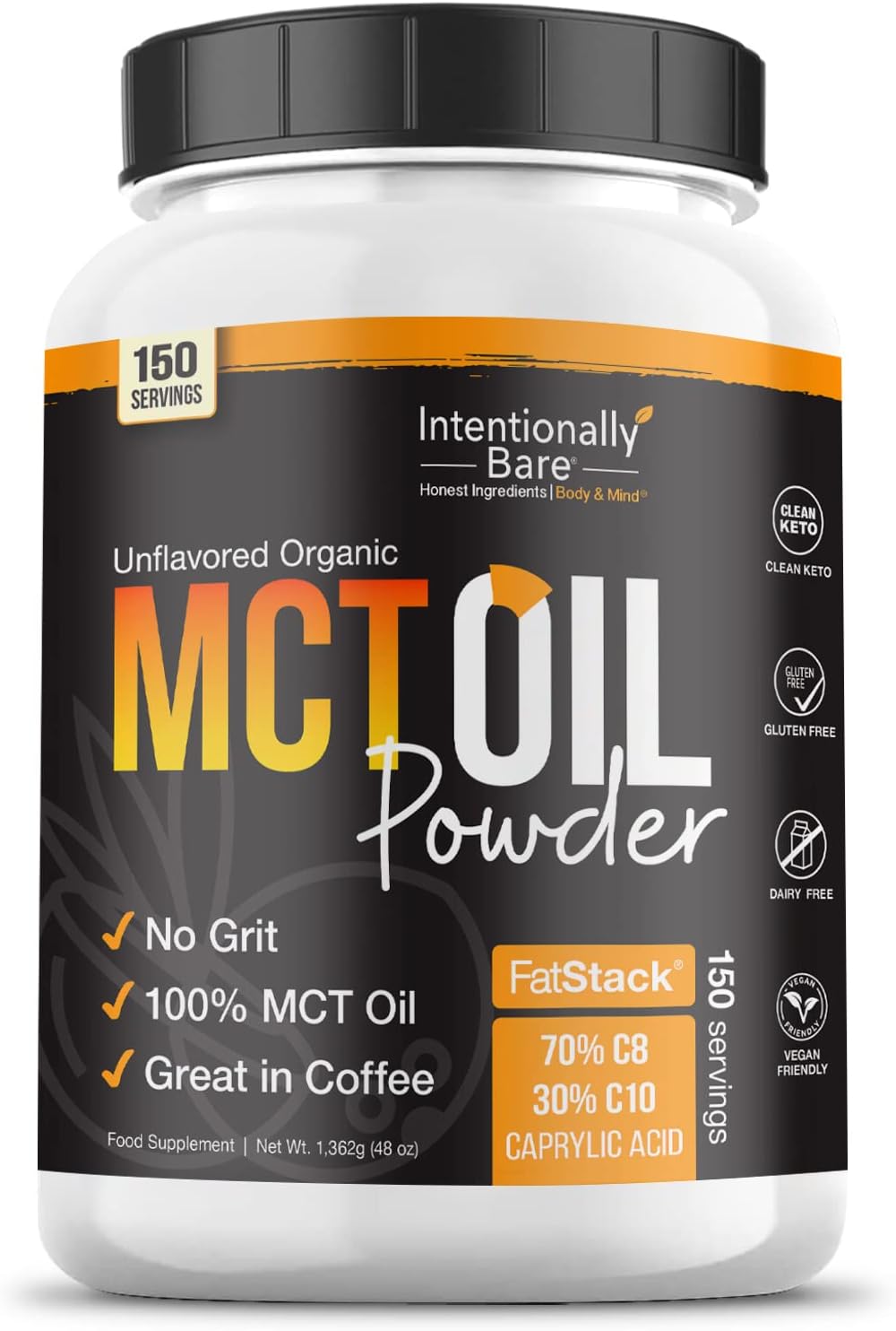 Intentionally Bare MCT Oil Powder - Unflavored Coconut Oil with 70% C8 and 30% C10 - MCT Oil for Clean Energy, Brain Health, Mood and Focus - Coconut C8 for Keto, Paleo and Vegan Pills - 50 Servings