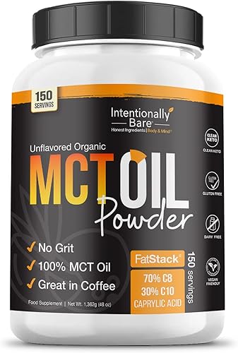 Intentionally Bare Aceite orgánico MCT en polvo, cero carbohidratos netos y sin grano MCT en polvo para cuerpo y cerebro, crema MCT vegana para