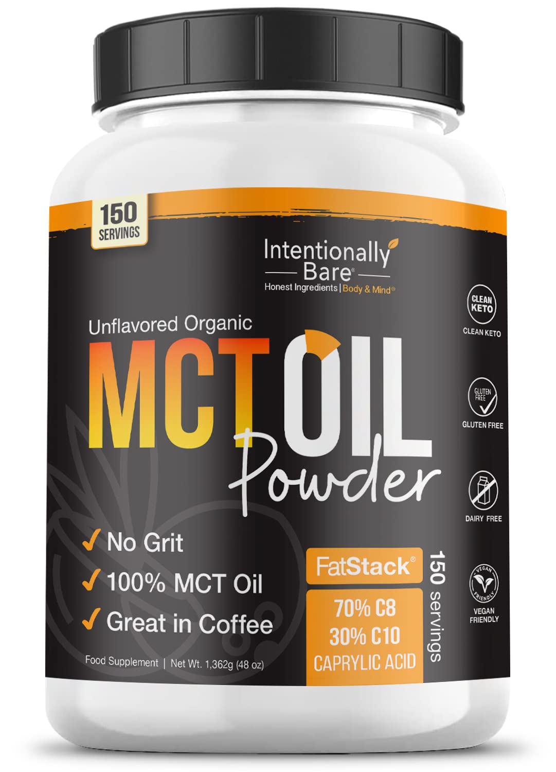 Intentionally Bare Organic MCT Oil Powder - Zero Net Carbs & No Grit MCT Powder for Body & Brain - Vegan MCT Creamer for Coffee, Tea, Shakes, Smoothies & Baking with 70% C8 & 30% C10 - Unflavored