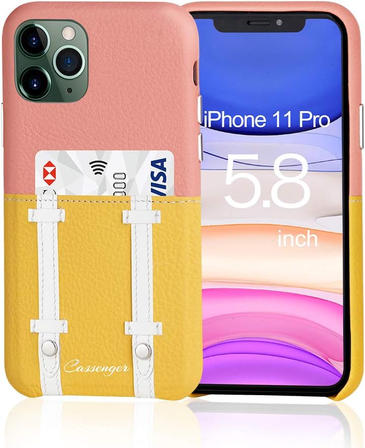Cassenger Backpacking Series iPhone 11 Pro Case with Card Holder, Slim Leather Wallet Case Compatible with iPhone 11 Pro - (Pink/Yellow)
